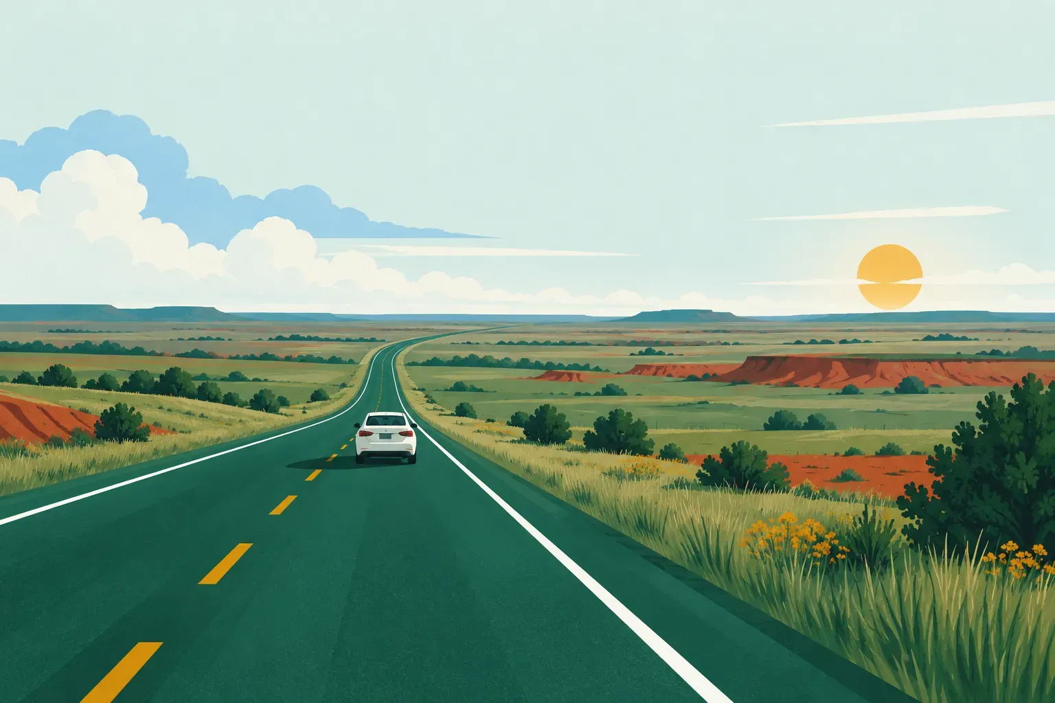 A highway through red earth plains, a typical landscape of Oklahoma