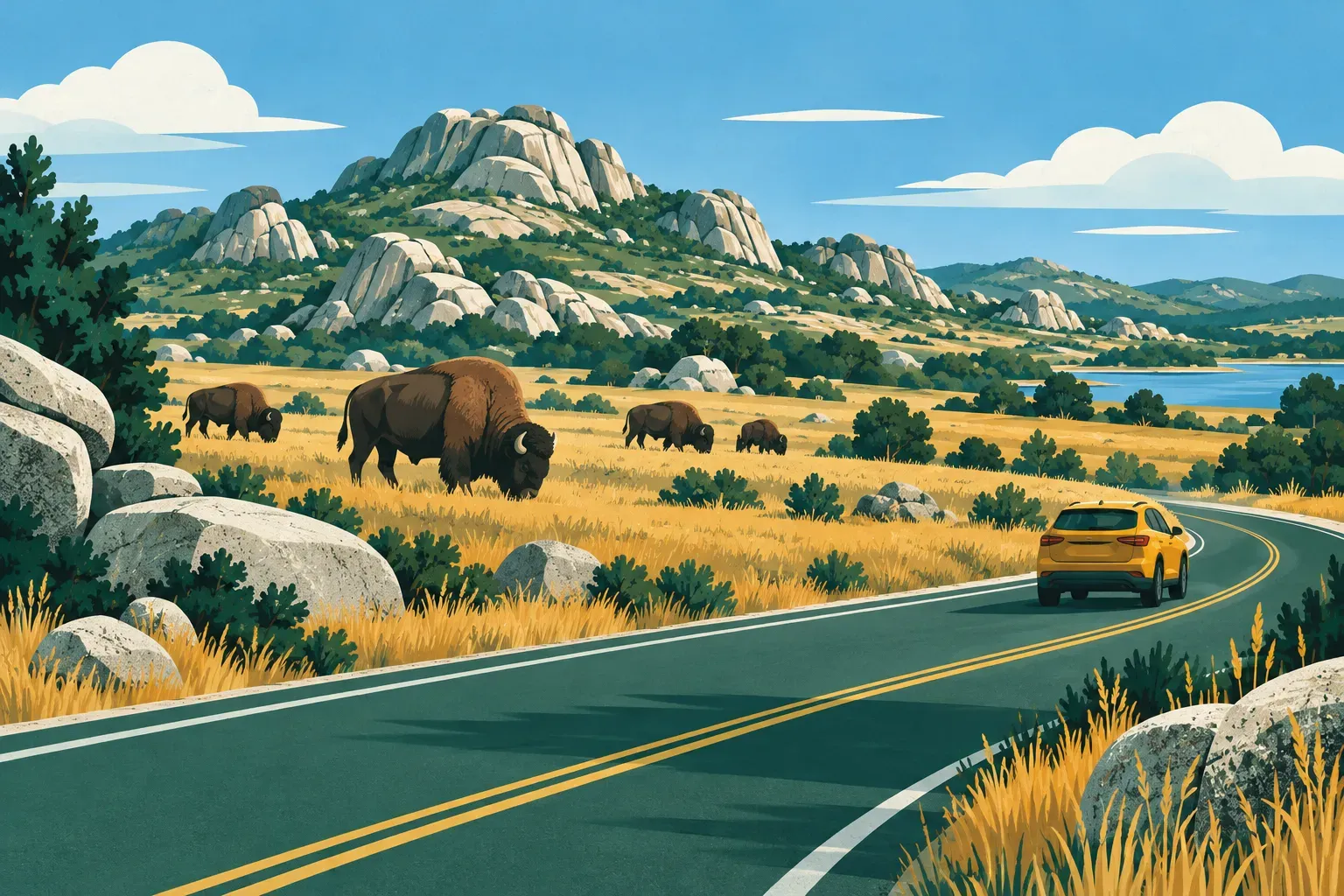 The granite Wichita Mountains with grazing bison on the prairie, in Oklahoma
